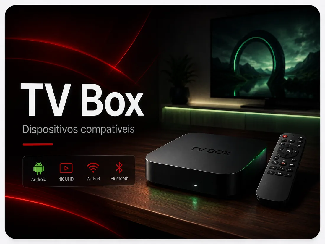 TV Box moderno com controle remoto e sala de entretenimento