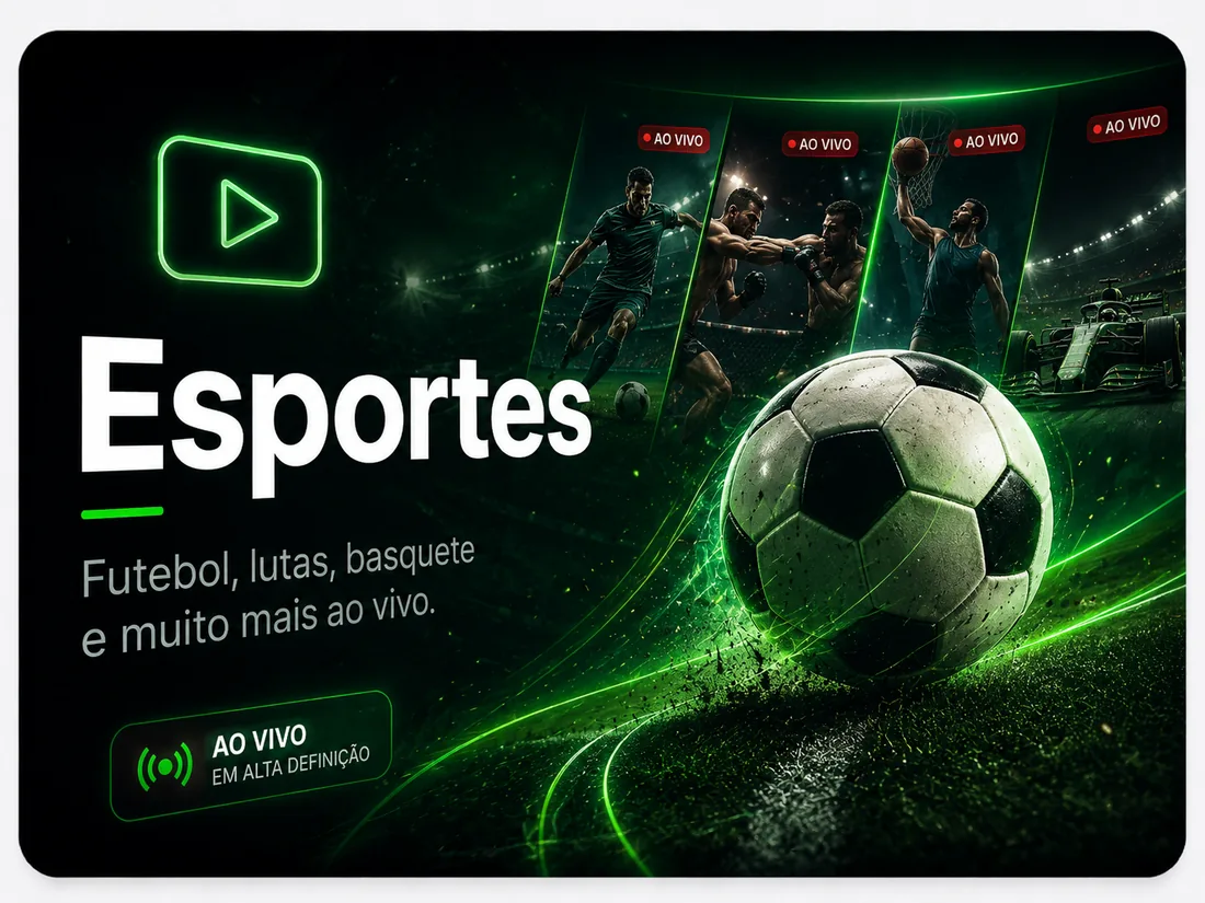 Card visual de esportes ao vivo com futebol e transmissões